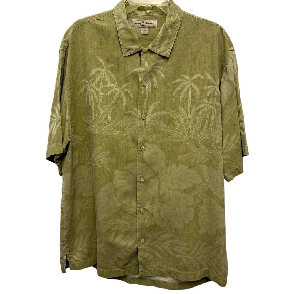 Tommy Bahama Island Zone Hawaiian Shirt L Green Short Sleeve palm tree Aloha
